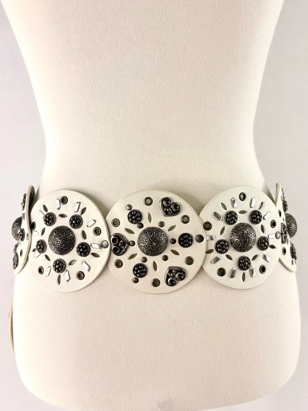 Vintage White Leather Wide Decorative Disc Belt with Silver Accents